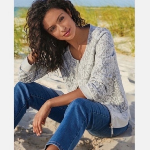 Soft Surroundings Laced Gray Full Zip Long Sleeve Sweater Jacket - Picture 1 of 11